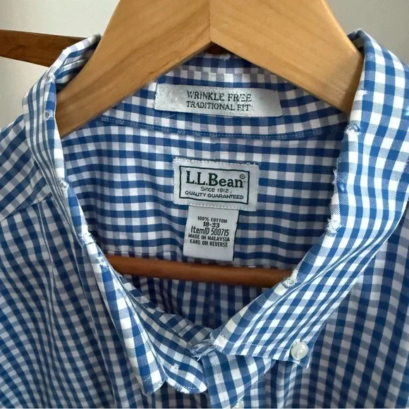 LL Bean Men’s Wrinkle Free Button Down Dress Shirt Blue & White Gingham 18-33 - Picture 4 of 5